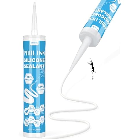 PAULINN White Silicone Caulk, 100% Silicone Waterproof Sealant Adhesive Caulking Tool for RV Marine Home Window Roof Door Kitchen Bathroom Bathtub Shower Auto Leak Seal, 10.2 oz Cartridge, 1 Pack Cover