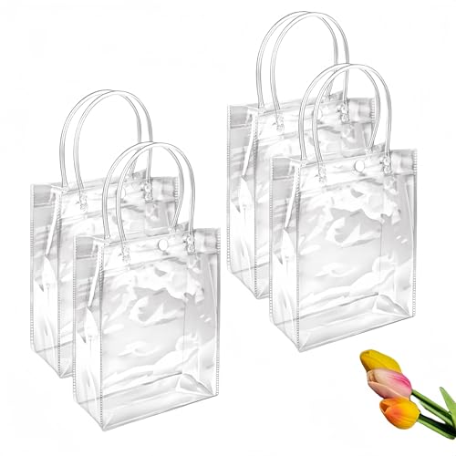 Wanfoou - Bolsas de regalo transparentes, 15 bolsas de regalo de plástico transparente con asa y botón, reutilizables, impermeables, de PVC, bolsas de regalo para bodas, postres, mercancías