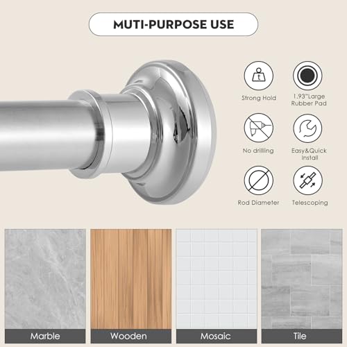 Image of Silver Long Curtain Rod Tension Shower Curtain Rods 30 to 130 inch Adjustable Heavy Duty Rods for Bathroom Windows Outdoor Spliced Telescopic Design No Drill No Slip Stainless Steel