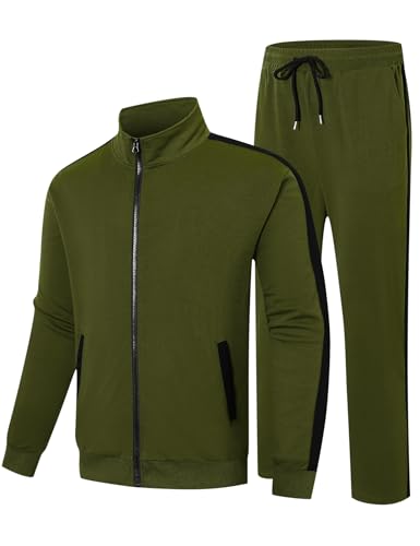 LecGee Tracksuit For Men 2 Piece Full Zip Sportshirt and Athletic Running Slant Pocket Pant Matching Set(Army Green,X-Large)