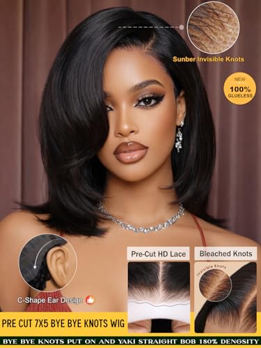 Image of Sunber Yaki Straight Bob Layered Cut with Face Framing Layers 7X5 Lace Part Bob Wig Human Hair Bye Bye Slip Glueless Wig with Silicone Strips Drawstring 180% Density Bleached Knots Pre Plucked 12inch