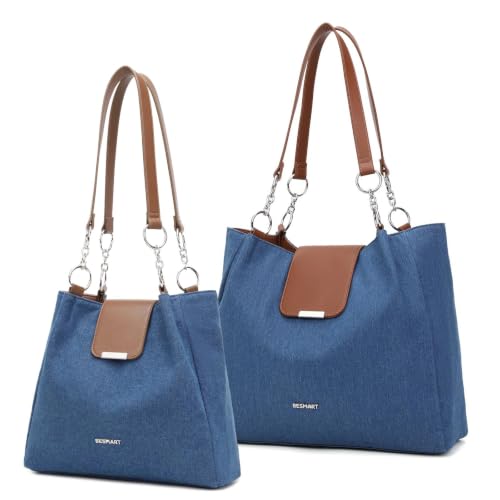 Image of BESMART Denim Tote Bag for Women, Large PU Leather Canvas Shoulder Bags with Circle Chain