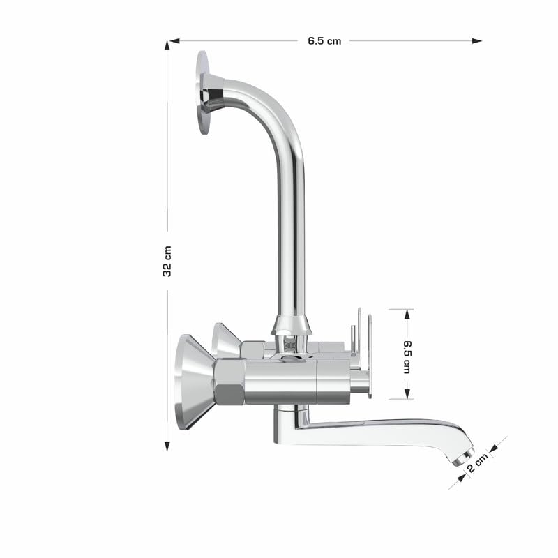 Image of GLOXY Premium 2 in 1 Wall Mixer for Bathroom with L Bend Provision for Overhead Shower Jet+ Lever with Brass Spindle Chrome Finish - Hot and Cold Water Mixer Tap for Bathroom - 10 Years Warranty