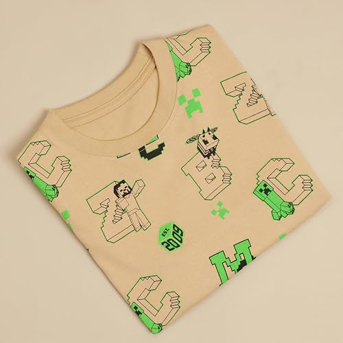 Image of Kidsville Official Minecraft Steve, Alex & Creeper Half Sleeves Round Neck Graphic Printed Regular Fit Pure Breathable Cotton Fabric Tshirt for Boys