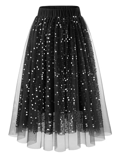 DRESSTELLS Tulle Skirts for Women, Sequin Midi Aline Pleated Elastic High Waist Long Flowy Fairy Mesh Halloween Skirt