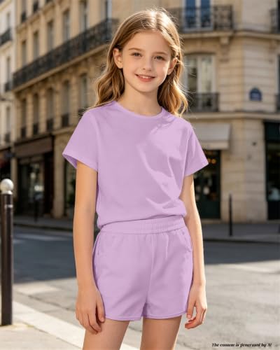 Image of Bestuline Girls Summer 2 Piece Outfits,Basic Short Sleeve Top & Shorts Set with Side Pockets,4-14Y