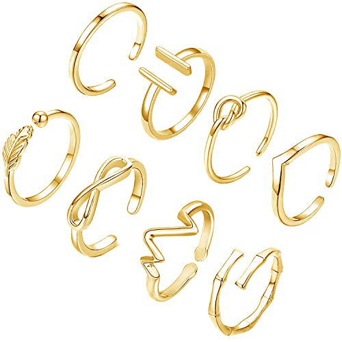 SHIWE 8PCS Open Adjustable Rings for Women Dainty Stacking Rings Knot Arrow Wave Thumb Knuckle Rings Set