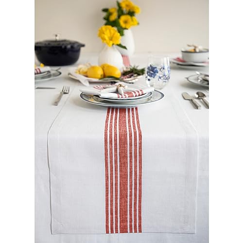 Solino Home Linen Table Runner 108 Inches Long - 100% Pure Linen Red and White Farmhouse Table Runner 14 x 108 Inch for Dining, Christmas, Holiday