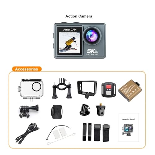 5K アクションカメラ 4K60FPS デュアル IPS タッチ LCD WiFi 170° 30M 防水 5X ズーム手ぶれ補正スポーツカメラ リモコン付き(Without Touch Screen)