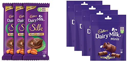 Image of Cadbury Dairy Milk Silk Roasted Almonds Chocolate Bar, 143g (Pack of 3) & Cadbury Dairy Milk Chocolate Home Treats, 126g - Pack of 4
