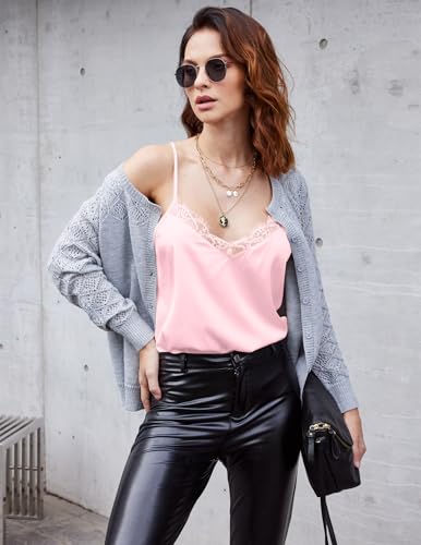 Image of Ekouaer Women's Satin Camisole Lace Silk Satin Pajama Tank Tops V Neck Soft Spaghetti Strap Loose Sleepwear Light Pink M