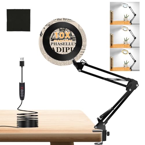 YECERCAN Magnifying Lamp, 10X Magnifying Glass with Light and Clamp, 3 Color Mode 10 Level Dimmable Magnifier with LED Light Hands Free for Hobby Soldering Reading Detail Works