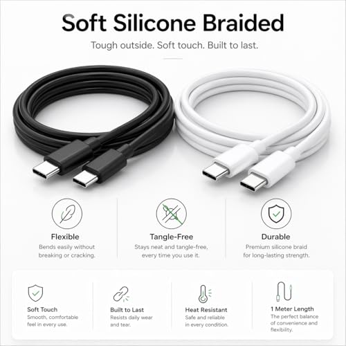 Image of 2-Pack [MFi-Certified] Non-Magnetic USB C - USB C MagCable 1m (Black + White), Soft Silicone Braided, 480Mbps Data Transfer, Compatible with iPhone, Android, MacBook, 2 Year Warranty with Registration