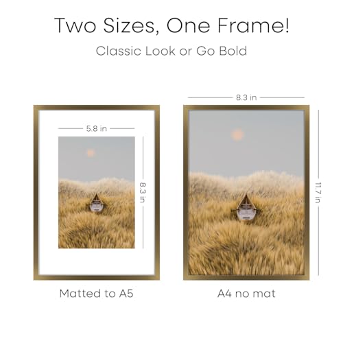 Image of Homeforia A4 Picture Frame Bronze, High End Metal 8.3 x 11.7 inch Brass Poster Frames with Mat 5.8 by 8.3 Print, A4 Frames Matted to A5 Photo, 8.3x11.7 Wall or Tabletop Frame, Tempered Glass, Set of 1