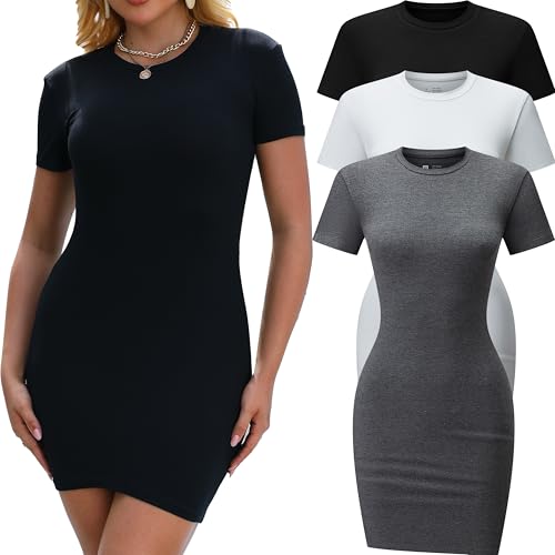 3 Pack Summer Dresses for Women Crew Neck Short Sleeve T Shirt Dress Basic Ribbed Bodycon Mini Dress Black/White/Gray1 XX-Large