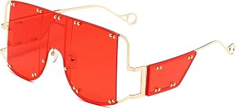 LASPOR Oversized Square Sunglasses Women Men Big Frame Shade Rimless Glasses Fashion Vintage Metal Rivet Shield UV400, Red, XL, Red, XL
