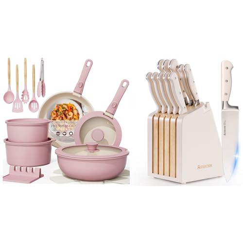 Image of Astercook 21 Pcs Pots and Pans Set Non Stick and 12-Piece Full Tang Kitchen Knife Set with Block and Sharpener
