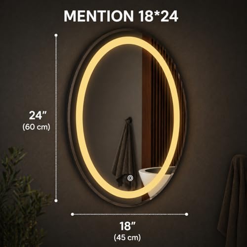 Image of LED Bathroom Wall Mirror with 3 Decorative Lights | Touch Sensor | Warm | Natural and Cool White | for Wash Basin | Bedroom | Dressing Area (Oval, 18x24)