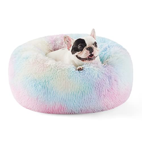 Image of Bedsure Calming Dog Bed for Small Dogs - Donut Washable Small Pet Bed, Round Anti-Slip Fluffy Plush Faux Fur Large Cat Bed, Fits up to 25 lbs Pets, Multi-Colored, 23 inches