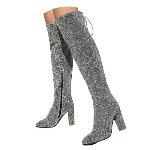 Botas de vaquera con diamantes de imitación para mujer, con cremallera lateral, tacón grueso, punta puntiaguda, botas elegantes, Silver, 38 EU