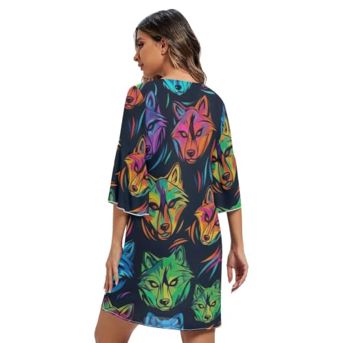 Robe courte loup abstrait néon coupe hawaïenne tendance été