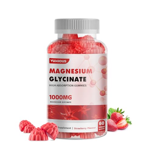 Magnesium Glycinate Gummies 1000mg - for Adults Magnesium Potassium Supplement with Vitamin D, B6, CoQ10 for Calm Mood & Sleep Support - 60 Strawberry Gummies -1 Pack