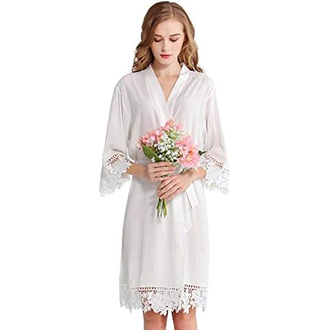 LMC Bridal Women Rose Lace Cotton Robes Getting Ready for Bride and Bridesmaids (White) Cover