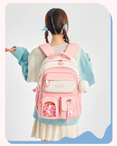 Schulrucksack Mädchen 2-7 Klasse, 17L Kinderrucksack Mädchen Leicht | Atmungsaktives Rückenpolster | Gepolsterte Schultergurte | Brustgurt, Schulranzen Kinder Schule Rucksack 7-10 Jahre,Rosa