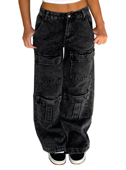 Women's Low Waist Cargo Pants Baggy Jeans Wide Leg Casual Trendy Streetwear Grunge Emo Clothes