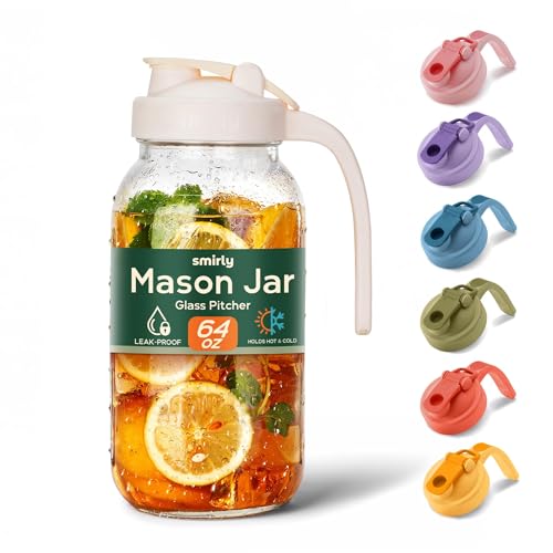 Image of SMIRLY 64 oz Mason Jar Pitcher,Glass Pitcher with Wide Mouth,Water Jug with Double Leak Proof Lid for Iced Coffee,Hot Water,Breast Milk