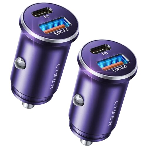 Image of LISEN USB C Car Charger Adapter [2 Pack] [Mini & Metal] Cigarette Lighter USB Charger Fast Charging [PD QC 3.0] USBC Car Phone Charger for iPhone 15 Pro Max Plus 14 Samsung Galaxy S23 iPad Pro, Purple | Cigarette Lighter Charger, USB C Car Charger Fast Charger, 12V Adapter, Car Accessories for Men Women with iPhone 17 Pro Max