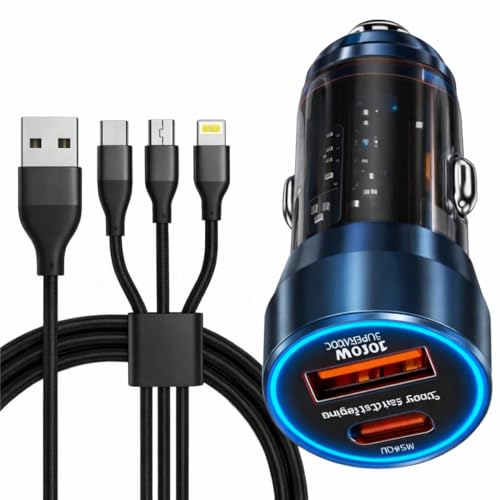 Image of 45W Fast Car Charger with 3-in-1 Cable | PD & QC Super Fast Charging | Type-C + USB-A Output | Supports Dash, Warp, VOOC |Compatible with Cars for iPhone & Android Smartphone (Transparent)
