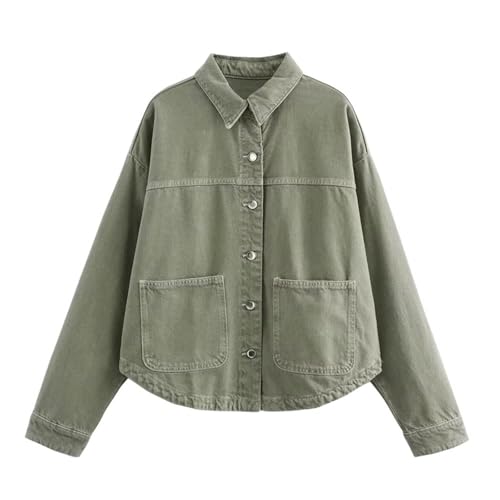 Veste en jean pour femmes avec poches patch et col revers veste mi-saison verte