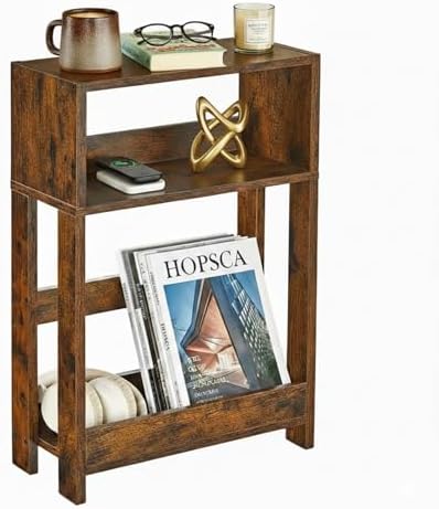 3-Tier Narrow Side Table,Skinny End Table and Bedside Nightstand for Small Space - Rustic Brown