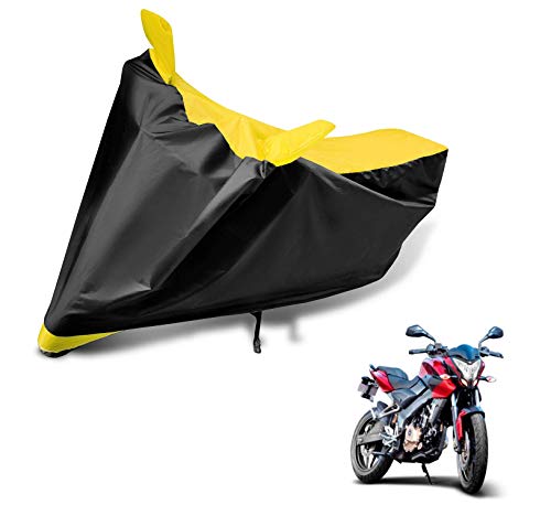 Image of Auto Hub Bike Cover Compatible with Bajaj Pulsar 200 NS with Mirror Pocket, Dustproof, Heat Resistant, Triple Stitched, Pulsar 200 NS Bike Cover- Black, Yellow
