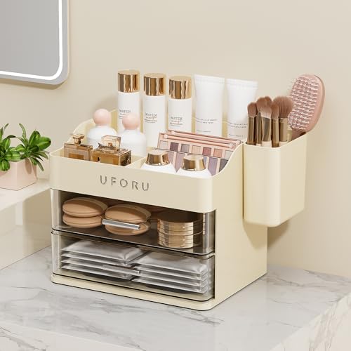 Image of UFORU Makeup Organizer for Vanity with Brush Holder, Countertop Skincare Organizer with 2 Drawers, Spacious Cosmetic Display Case for Perfumes, Eyeshadow Palettes, Nail Polishes