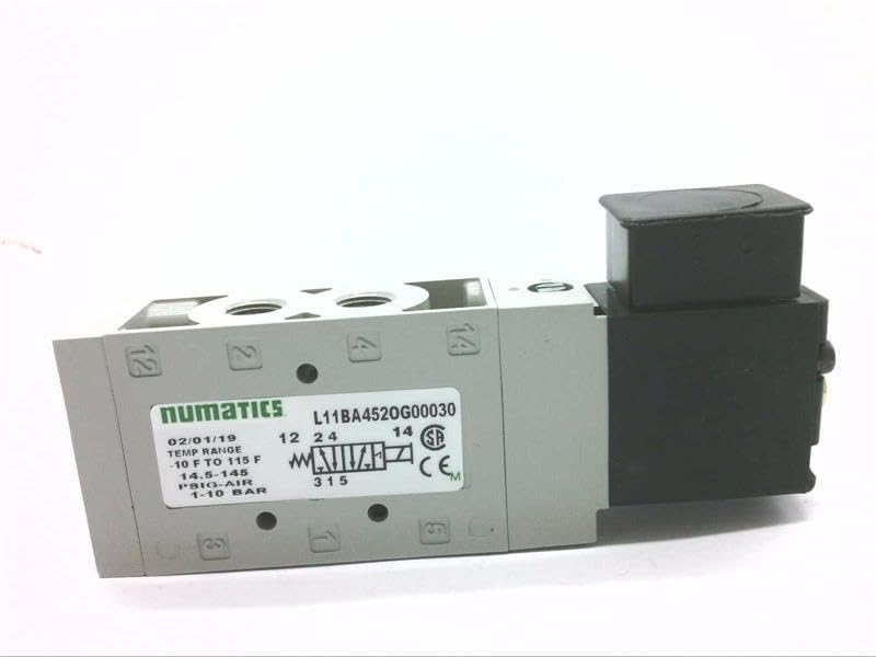 L11BA452OG00030 L1 Single Solenoid Pilot, 1/4" Inline, Spring Return, 2 Position, 4-Way (5/2), Din Plug-in Air Pilot, ISO 228/1-G Pressure Ports, 110 VAC - 120 VAC, 50 Hz - 60 Hz