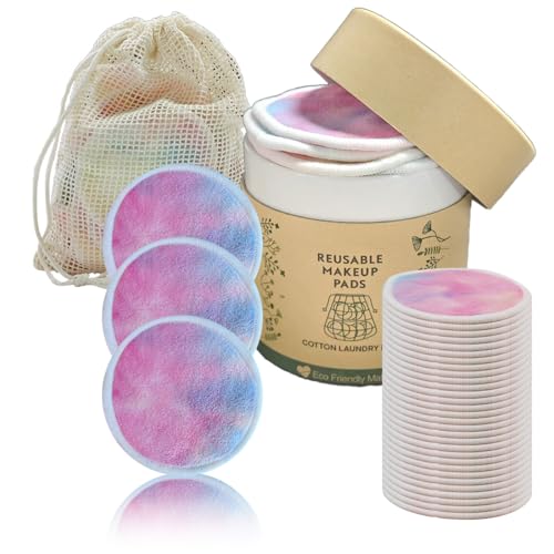 30 Pack Reusable Makeup Remover Pads with Laundry Bag and Round Box, Eco-Friendly and Suitable for All Skin Types, Washable Bamboo Reusable Cotton Rounds for Face Colourful
