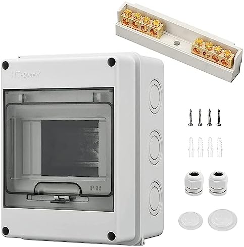 DIN Rail Enclosure, Consumer Unit Box IP65 Waterproof, DIN Rail Box 5 Module, With 4 Terminals, 2 Connectors, Suitable for Outdoor Gardens, Farms, Charging Stations, Wet Rooms