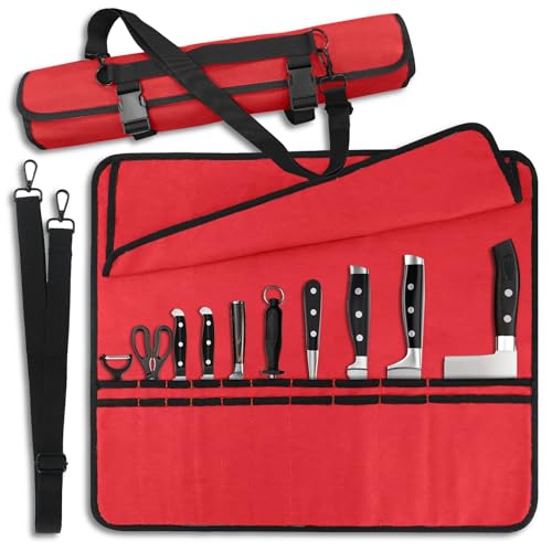 QIQU Red Chef Knife Bag With 20 Slots Cutlery Knives Holders Protectors, Home Kitchen Travel Cooking Tools, Portable Canvas Knife Roll Storage Bag Chef Case for Camping or Working