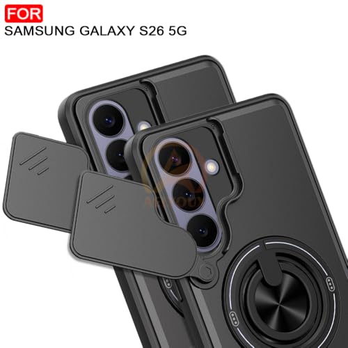 Image of Samsung Galaxy S26 5G Back Cover | Armor Camera Slider 360 Degree Rotating Finger Ring Holder Case with Bracket Stand Back Case Cover (Compatible with MagSafe Accessories) (Black)