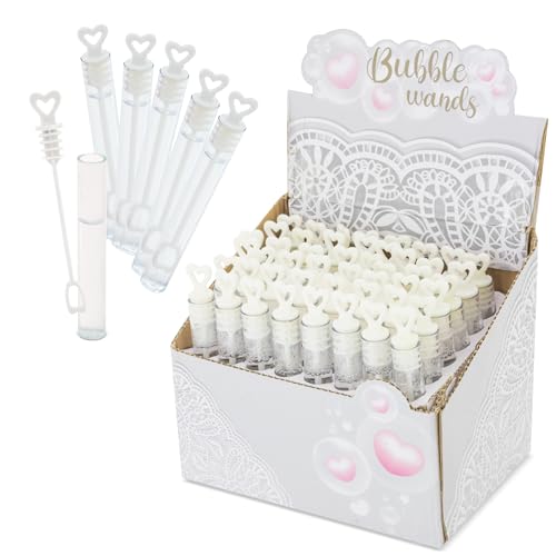 ADRI Pompas de Jabon Boda, 48 Pomperos de Jabón con líquido Incluido para Bodas, Burbujas con Mango con Formas para Bodas, Bautizos, Cumpleaños, San Valentín (Blanco, Corazon)