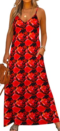 Image of Bluetime Women Summer Spaghetti Strap Maxi Dress V-Neck Sleeveless Flowy Boho Floral Beach Long Dress with Pockets
