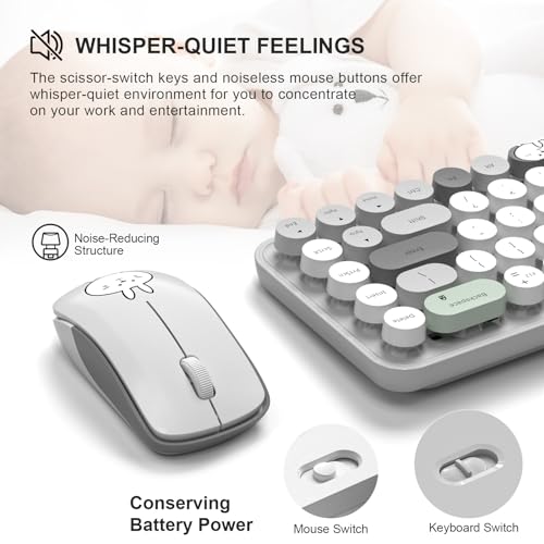 Image of FOPETT Wireless Keyboard and Mouse Cute Mouse and Keyboard 2.4G Wireless Keyboards with Colorful 68 Keys Typewriter Retro Round Keycap for PC, Laptop,Tablet,Computer Windows - Grey Colorful