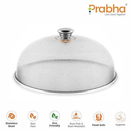 Image of Prabha Stainless Steel Dish Cover | Keep Your Food Fresh and Stylish | Ideal for Home & Kitchen, Flies Mosquitoes Insect Proof Dining Tables Covers Fruits, Cake, Vegetable, Rice Cover. (23 CM)