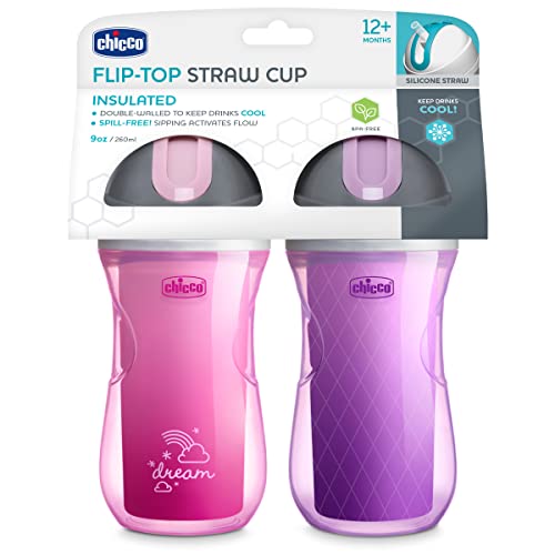 Chicco Insulated Flip-Top Spill-Free Straw Sippy Cup 9Oz Pink/Purple (2Pk) #TOP1