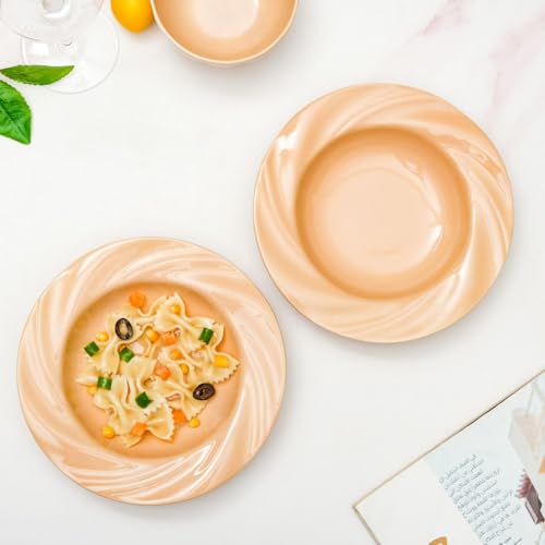 Image of Nestasia Ceramic Pasta Plates Set of 2 (300ml Each) | Microwave & Dishwasher Safe Serving Plate with Flared Rim Whirlwind Design - Ideal for Serving Pasta, Maggie & Noodles (Novelle Peach)