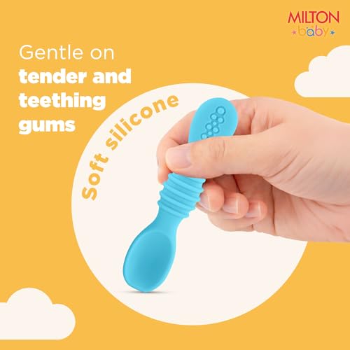 Image of MILTON baby Silicone Tumbler with Spoon I Baby & Toddler Training Cup & Spoon I BPA Free- 100% Food Grade I Weighted Base to Prevent Tip-Overs I Anti Slip Bottom I Gentle on Tender Gums I Light Blue
