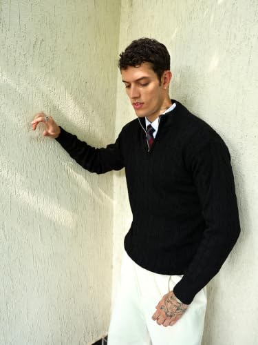 Image of Kvetoo Men's Wool High Neck Zipper Sweater, Full Sleeve Cable Knit Quarter Zip Winter Pullover
