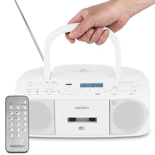 MEDION DRX-1 Plus Boombox (Radio Portable Dab+ et FM, Bluetooth, Lecteur CD, MP3, Cassette, Prise Casque, stéréo, AUX, sur Secteur & Piles) Blanc